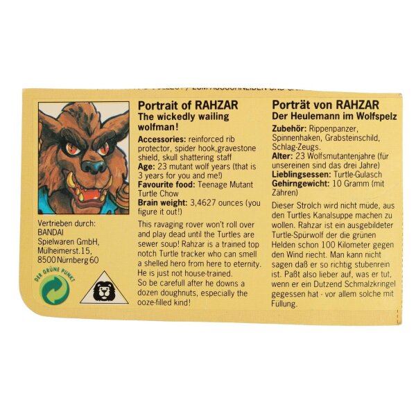 Rahzar Euro Filecard / Cardback- lose / komplett - Vintage TMNT / Hero Turtles
